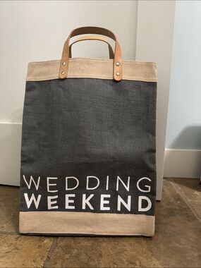 Wedding Weekend Canvas Duffel Tote with Tan Leather Handles - Gray & Tan